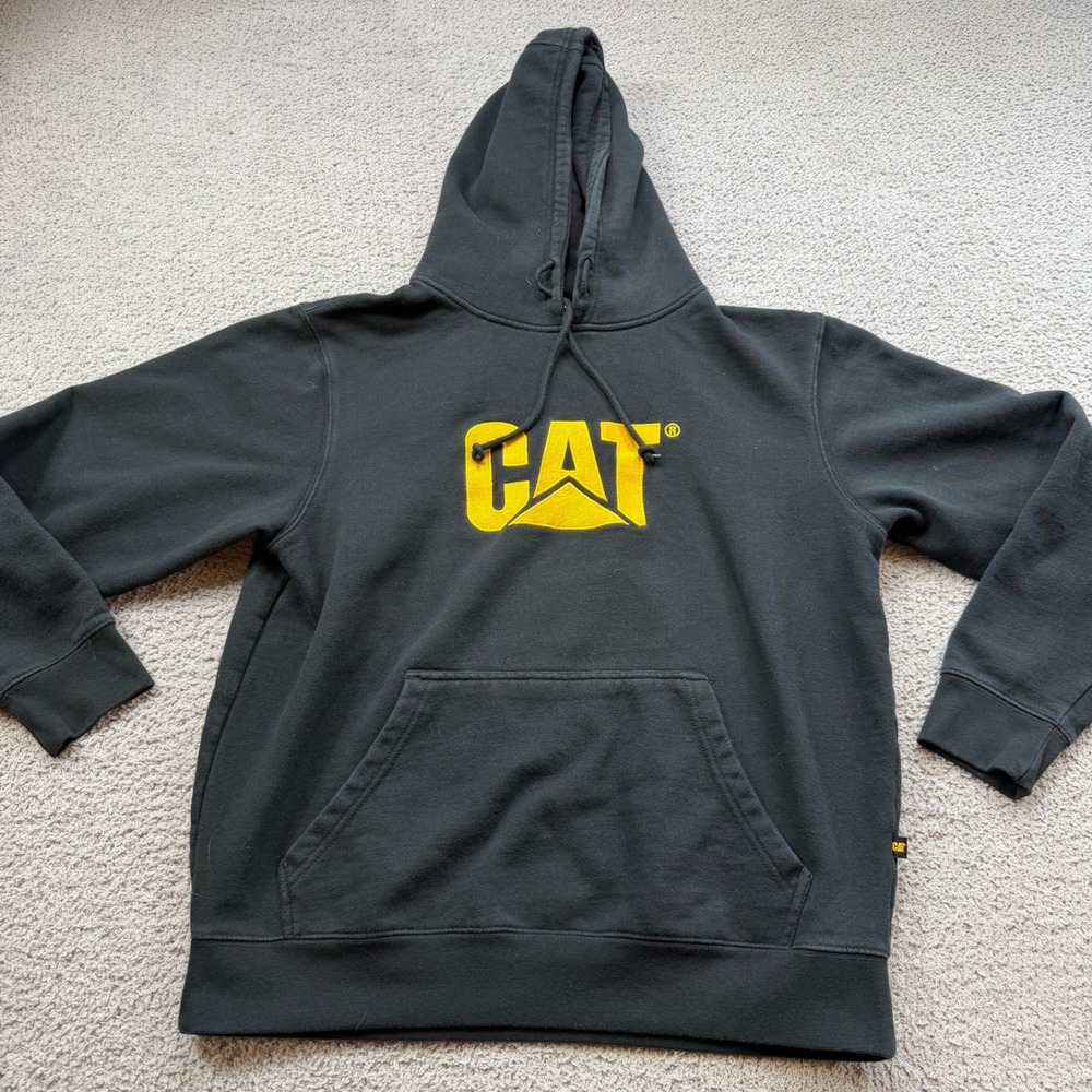 Caterpillar CAT Men Black Yellow Embroidered Logo Pullover Hoodie Size L